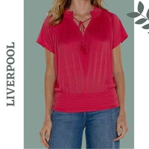 Liverpool Women Short Sleeve Smocked Raglan Knit Top with Neck Tie Berry Blossom